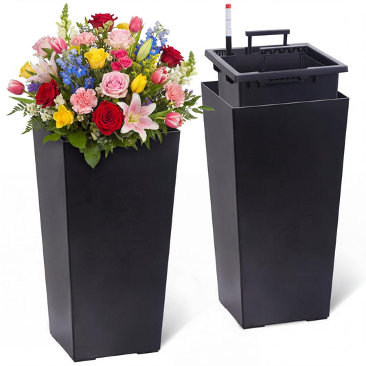 22 Inch Tall Planters Set of 2, Self-Watering Large Outdoor Indoor Planter Pots with Drainage Holes & Water Level Monitor, Planters with Inner Bucket and Movable Wheels for Patio, Front Porch, Garden