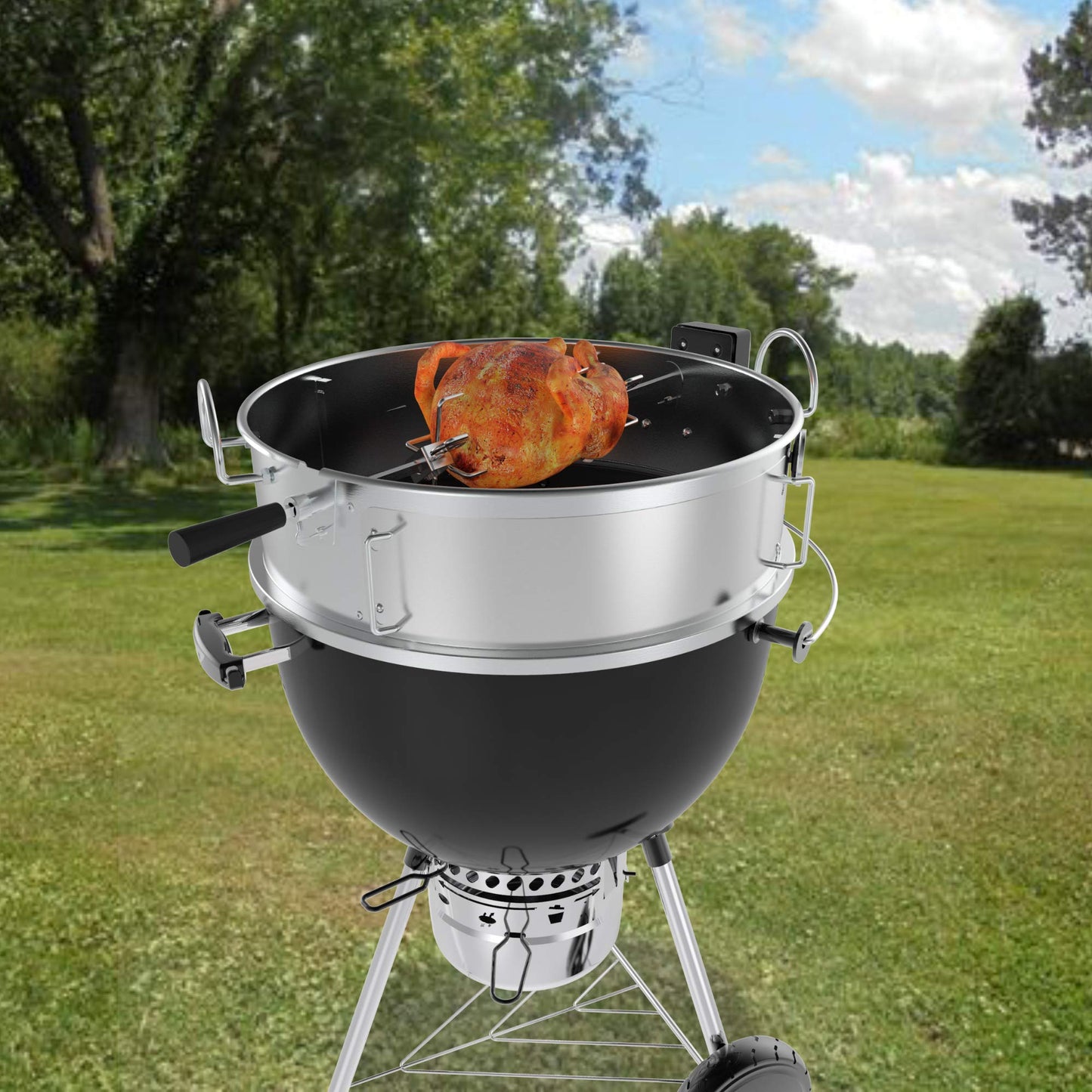 Onlyfire Stainless Steel Pizza Ring Kit with Rotisserie,pizza stone and shovel, Multifunctional BBQ Kit, for Roasting Chicken and Cooking Pizza, fits Most 57CM Charcoal Kettle Grills