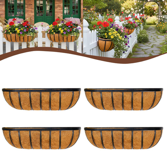 JFFLYIT 4 Pcs 24“ Railing Planter Window Box Deck Railing Planter Boxes with Coco Liner English Horse Trough Planter Metal Wall-Mounted Planters Basket for Outdoor Balcony Porch Fence Patio Rail
