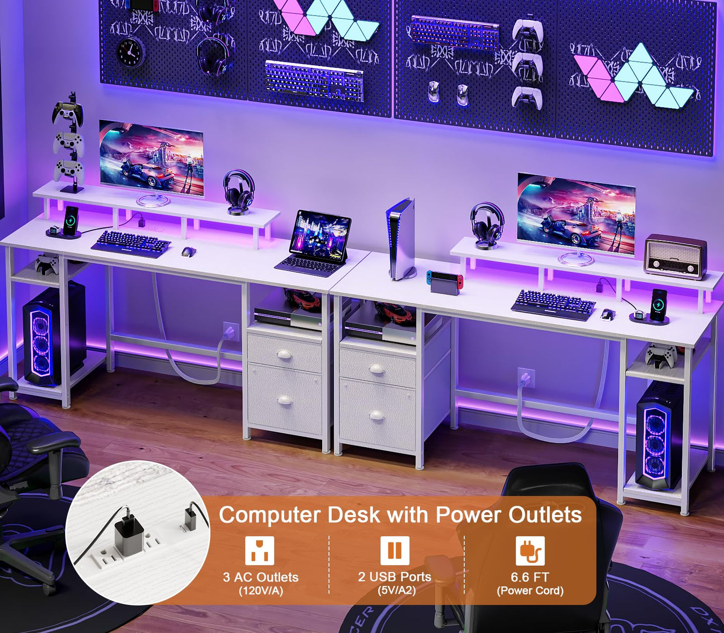 Furologee 61" Desk with LED Light & Power Outlets, Reversible Computer Table with File Cabinet & Drawer, White Gaming Desk Writing Table with Dual Monitor Stand, for Home/Office/White