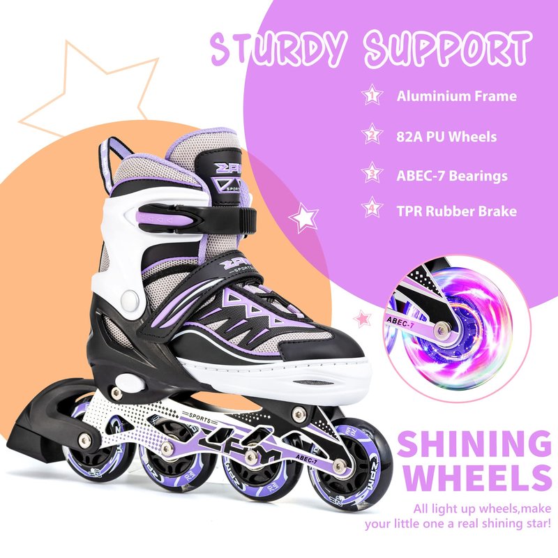 2PM SPORTS Cytia Pink Girls Adjustable Illuminating Inline Skates with Light up Wheels, Fun Flashing Beginner Roller Skates for Kids (Purple, Small - Little Kids (10C-12.5C US))