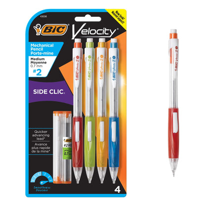 BIC Velocity Side Clic Mechanical Pencils, With Colorful Barrel, Medium Point (0.7mm), 4-Count Pack Mechanical Pencils With Eraser and Lead Refills