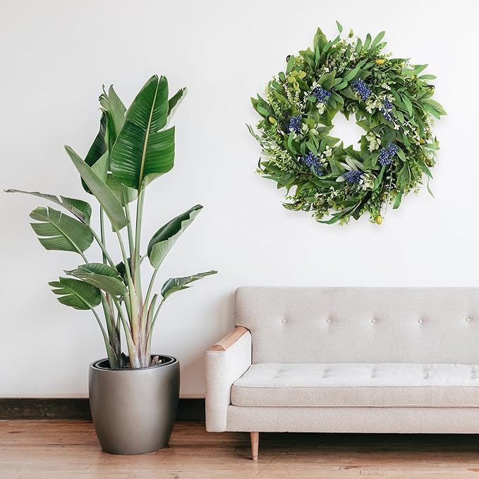 Wreaths for Front Door 22", Door Spring Wreath with Eucalyptus Olive Boxwood Leaves, Greenery Wreath Door Decoration for Spring Summer All Season Home and Outdoor