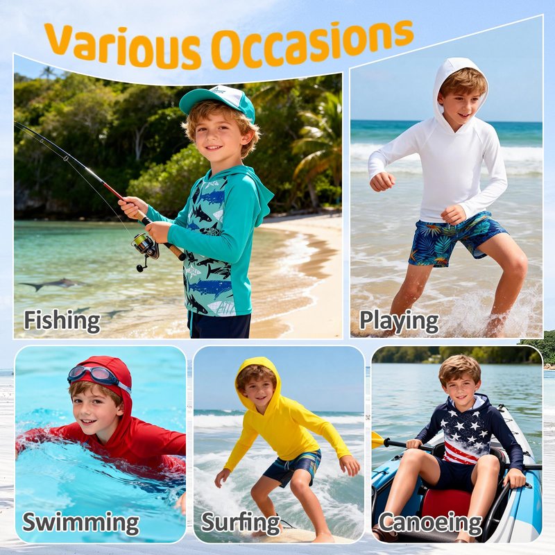 Boys Rash Guard Swim Shirts Toddler Kids Long Sleeve Hoodie UPF 50+ Sun Protection Swim Top Fishing Shirt with Thumb Hole Lake Blue Shark 3-4T