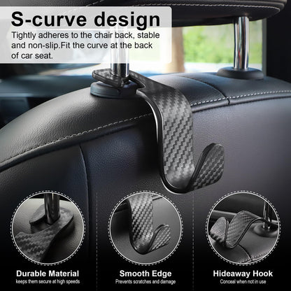 LivTee Car Purse Hook, 4 Pack Universal Auto Seat Headrest Hook Hangers Organizer for Coats, Umbrellas, Groceries - Carbon Fiber Black
