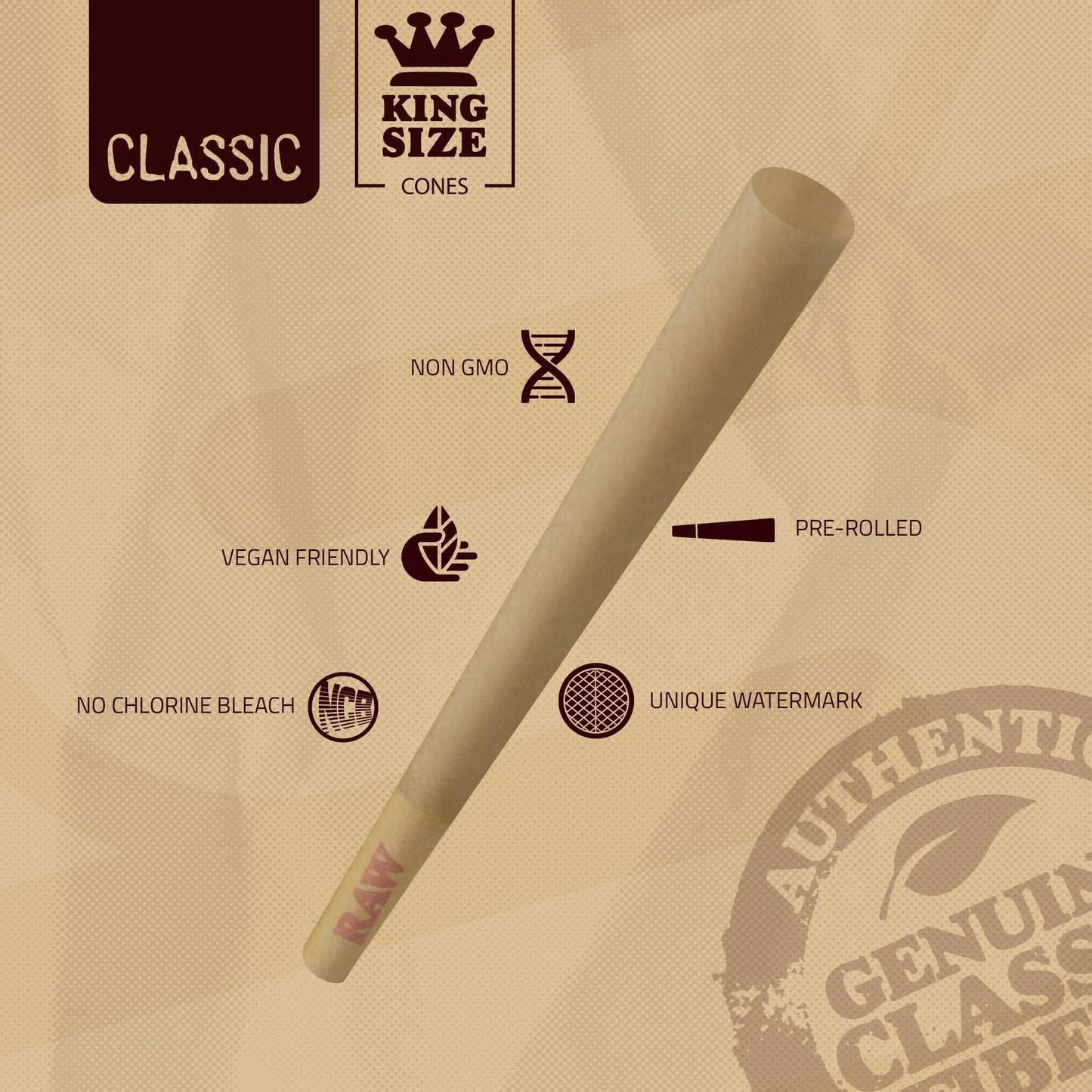 RAW Cones Classic King Size | 100 Pack | Natural Pre Rolled Rolling Paper with Tips & Packing Sticks Included