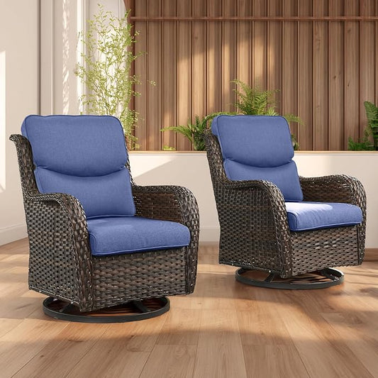 Rilyson Wicker Rocking Chair Swivel Chairs - 2 Piece Rocker Patio Chairs Set Rattan Rocking Chair for Outdoor Porch Deck Garden Backyard (Brown/Blue/Smile)