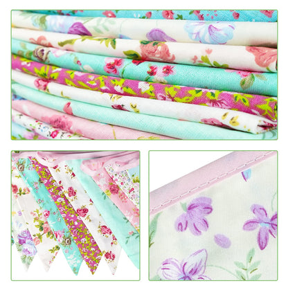 G2PLUS 36PCS Double Sided Fabric Bunting, 10M Blue and Purple Floral Cotton Banner, 17x19CM Large Triangle Garland Reusable for Indoor and Outdoor Party Decoration