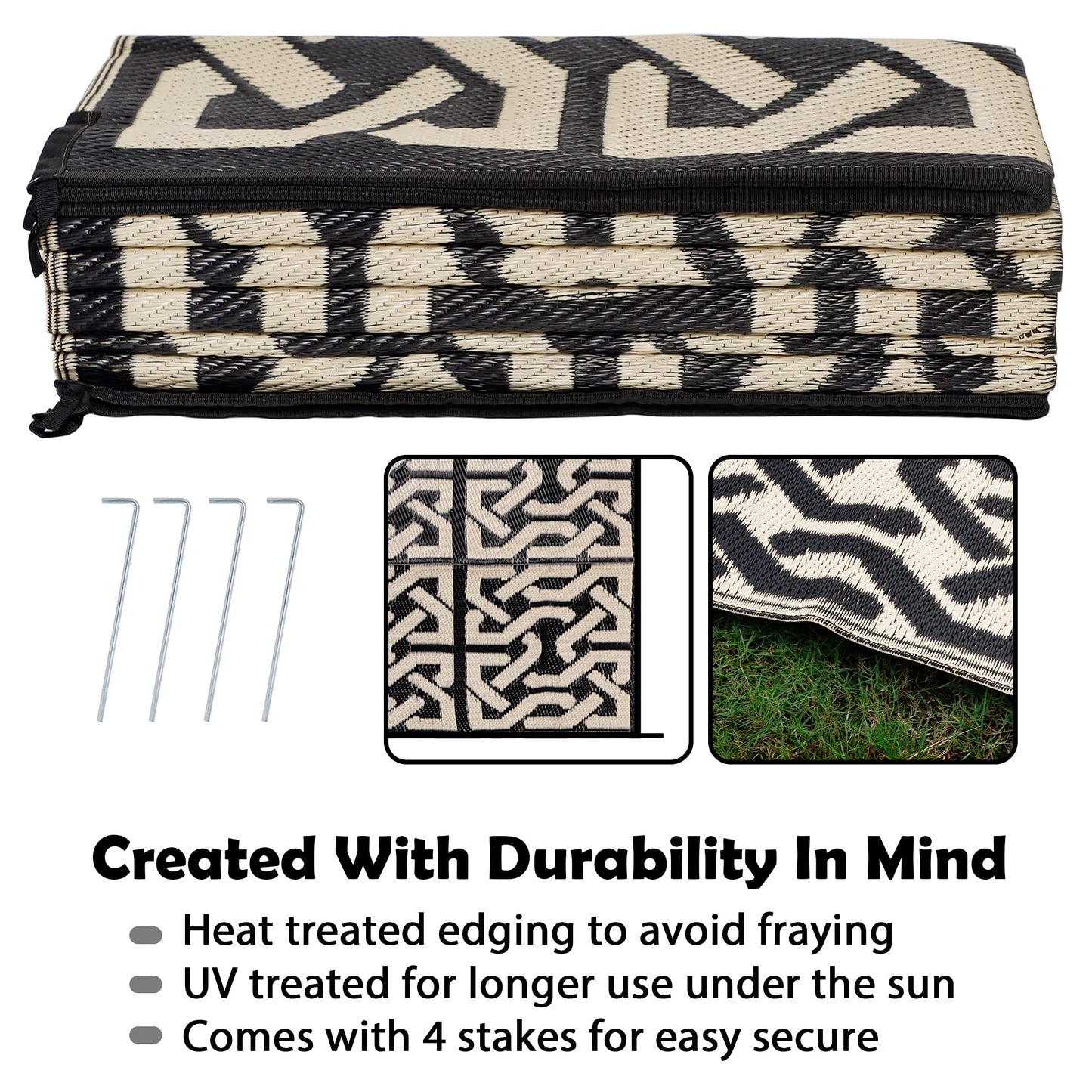 SAND MINE Reversible Mats, Plastic Straw Rug, Modern Area Rug, Large Floor Mat and Rug for Outdoors, RV, Patio, Backyard, Deck, Picnic, Beach, Camping, Trailer, Black & Beige, 9' x 12'