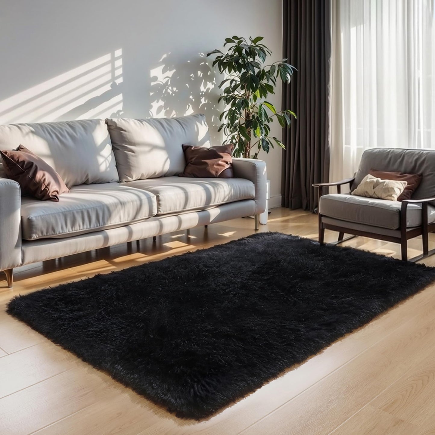 KICHOWUA 5x8 Black Fluffy Shag Rug for Bedroom, Ultra Soft Plush Fuzzy Washable Non Slip Floor Cozy Carpet, Modern Comfy Furry Shaggy Area Rug for Living Room, Kids Baby Boys Girls Nursery Dorm