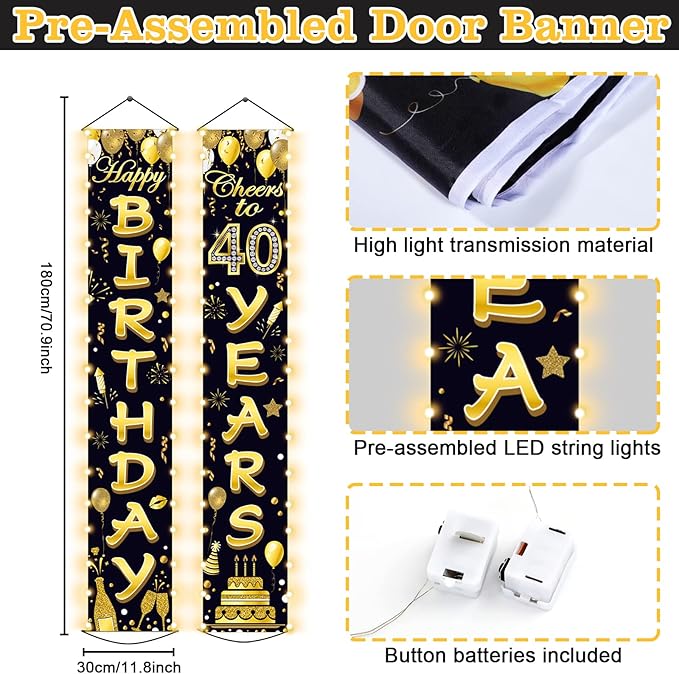 40th Birthday Party Banner Lighted Decorations for Women Men 40 Year Old Lighted Door Banners Black Gold Cheers to 40 Years 1985 Birthday Party Supplies Porch Sign with LED Light for Outside Decor
