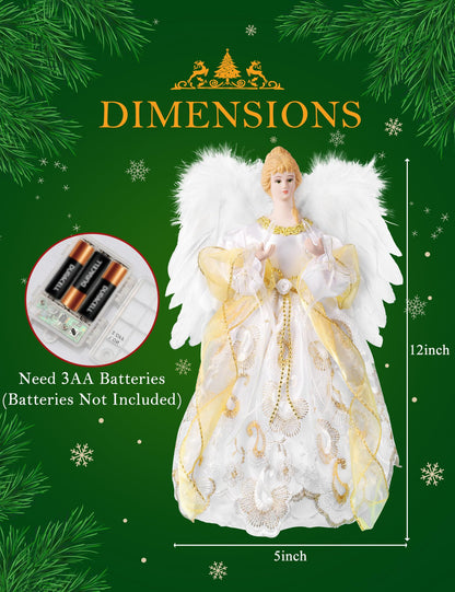 PEEKI Christmas Tree Topper, 12" Angel Treetop with Lights and Remote Control Timer, Christmas Tree Decoration for Holiday Ornament and Home Decor, Gold
