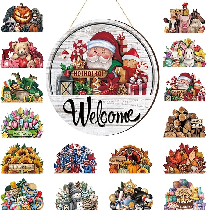Yousoontic 17 Pcs 12 Inch Magnetic Welcome Door Sign Interchangeable Front Door Decor Rustic Fall Seasonal Hanging Sign Halloween Christmas Decor for Home Warming Gift(Classic Color,Welcome)