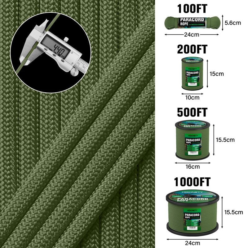HOKINETY 1200lb Paracord Rope - 4.4mm 14 Strand Nylon Parachute Spool para Cord Lanyard for Outdoor Camping Survival Utility Tent Crafting DIY Projects Fishing Clothsline Bracelet - ArmyGreen 100FT
