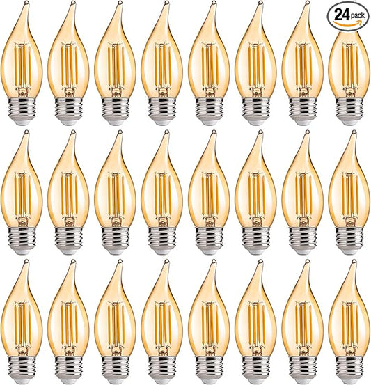 FLSNT CA11 E26 LED Candelabra Bulbs, Dimmable LED Chandelier Light Bulbs, 40W Equivalent, 2200K Warm White Light, 330LM, Amber Glass Finishing, 24 Pack UL,CA65 Listed.