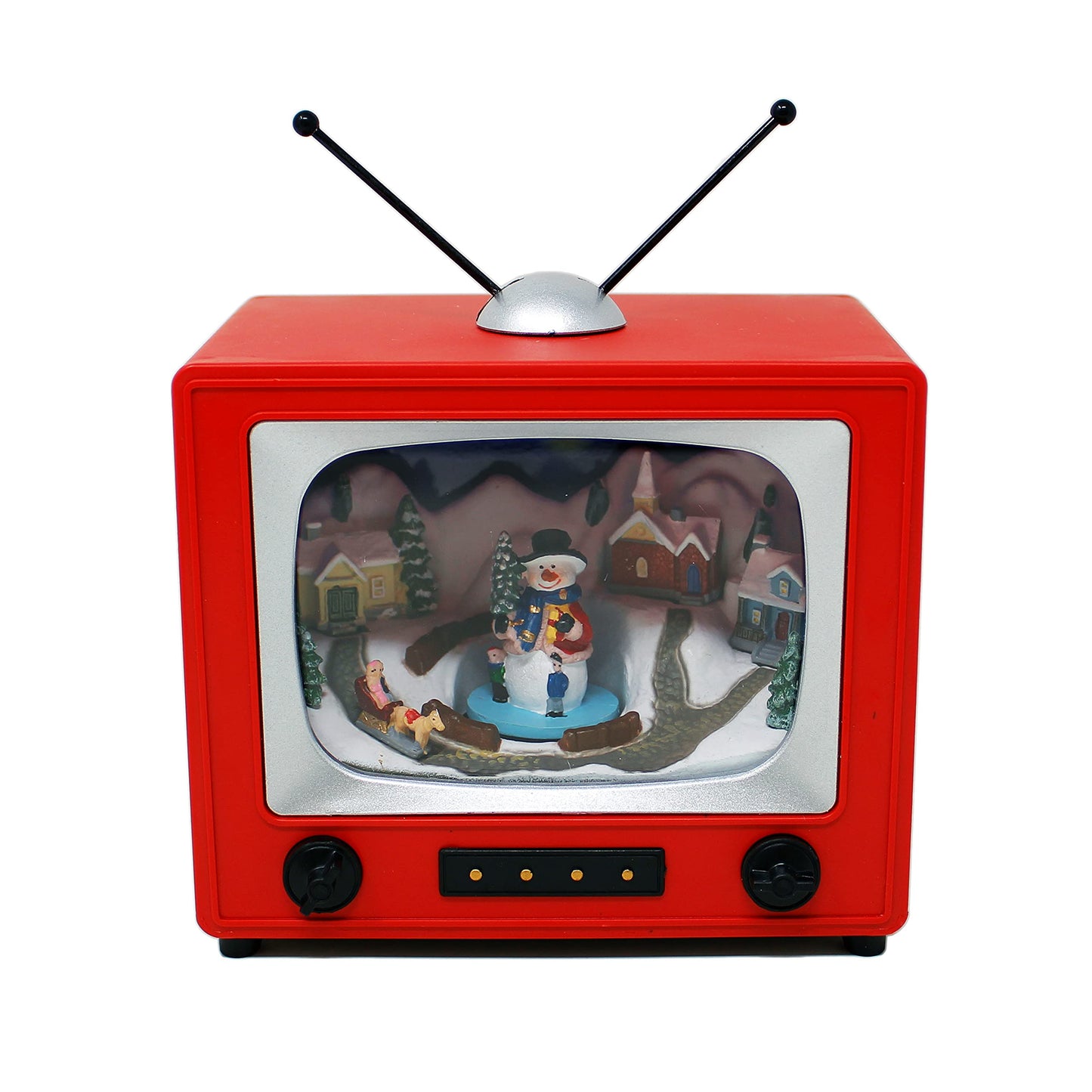 MOMENTS IN TIME Red Retro TV with Snowy Village Home Scene (Animated Snowman) with LED Lights 6" H, 8 Classic Carols Christmas Music Battery Operated Hand-Painted Resin Polyresin Injection Plastic