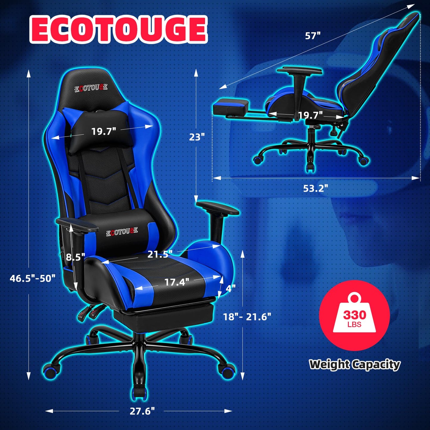 ECOTOUGE PC Massage Gaming Chair with Footrest Ergonomic Office Desk Chair Racing PU Leather Recliner Swivel Rocker with Headrest and Lumbar Pillow, Blue