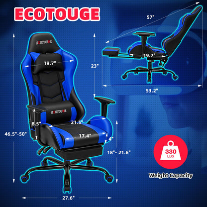 ECOTOUGE PC Massage Gaming Chair with Footrest Ergonomic Office Desk Chair Racing PU Leather Recliner Swivel Rocker with Headrest and Lumbar Pillow, Blue