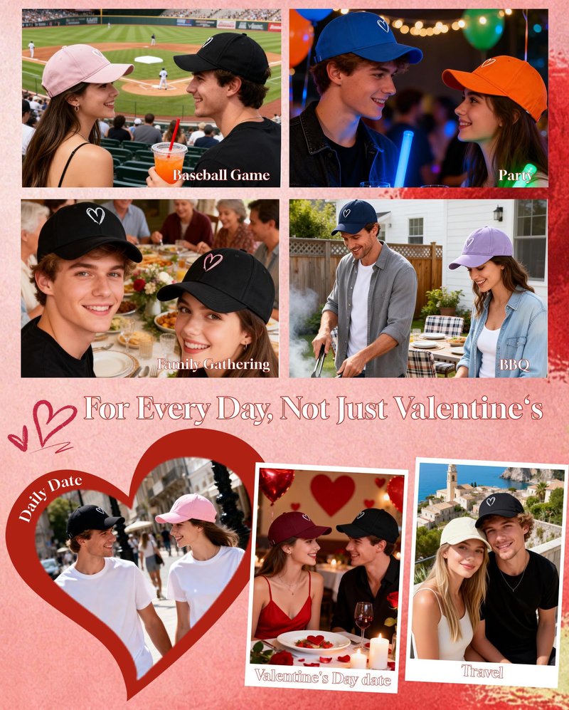Zando 2026 Trendy Unisex Valentines Baseball Caps Embroidered Heart Hats for Women Preppy Dad Mom Adjustable Black Ball Cap Plain Cotton Trucker Hat for Workout Running Golf Tennies Travel One Size