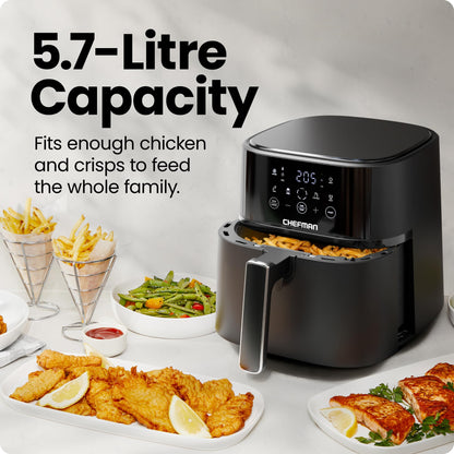 Chefman 5.7L Air Fryer, Touch Controls with 4 Presets, Compact Air Fryer with Hi-Fry Technology for Extra Crisp, Quick & Easy Meals, Nonstick & Dishwasher Safe Basket, Black