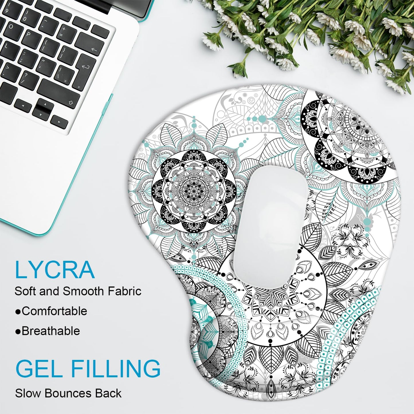 Ergonomic Mouse Pad with Wrist Rest Support Gel with Coaster, Cute Wrist Pad with Non-Slip Rubber Base, Easy Typing & Pain Relief, Blue Mandala