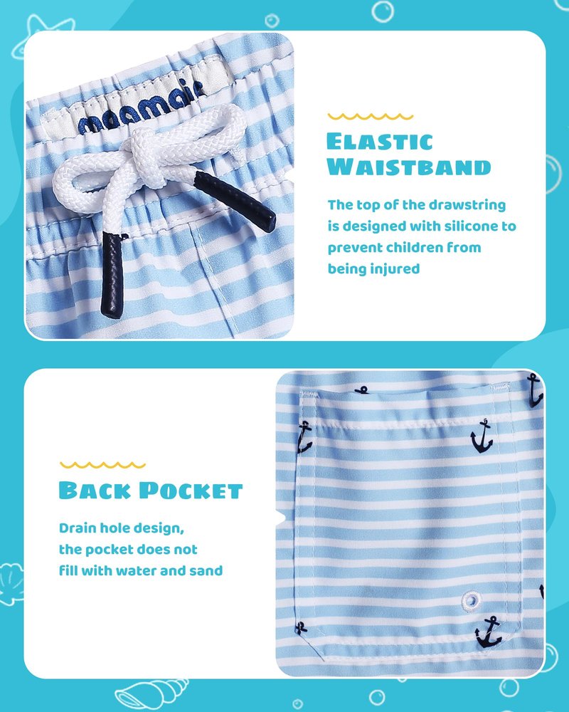 maamgic Boys Swim Trunks with Compression Liner Toddler Stretch Swim Shorts Quick Dry Swimming Trunks Boxer Brief 2 in 1 Beach Shorts White Blue Striped 7