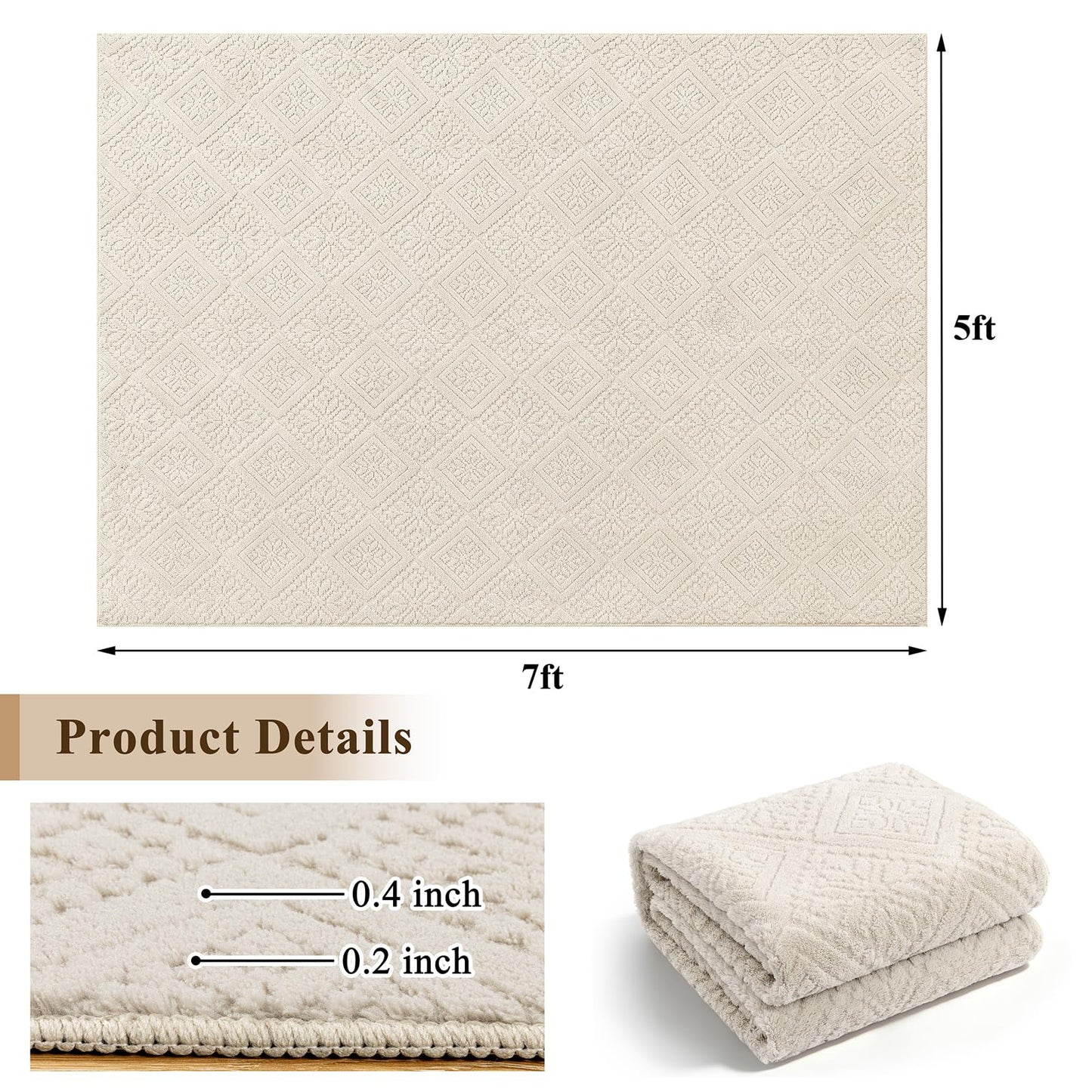U'Artlines 5x7 Beige Washable Area Rug for Living Room, Soft Fluffy High Low Textured Carpet, Modern Neutral Geometric Non Slip Rugs for Bedroom Dining Room Kids Room