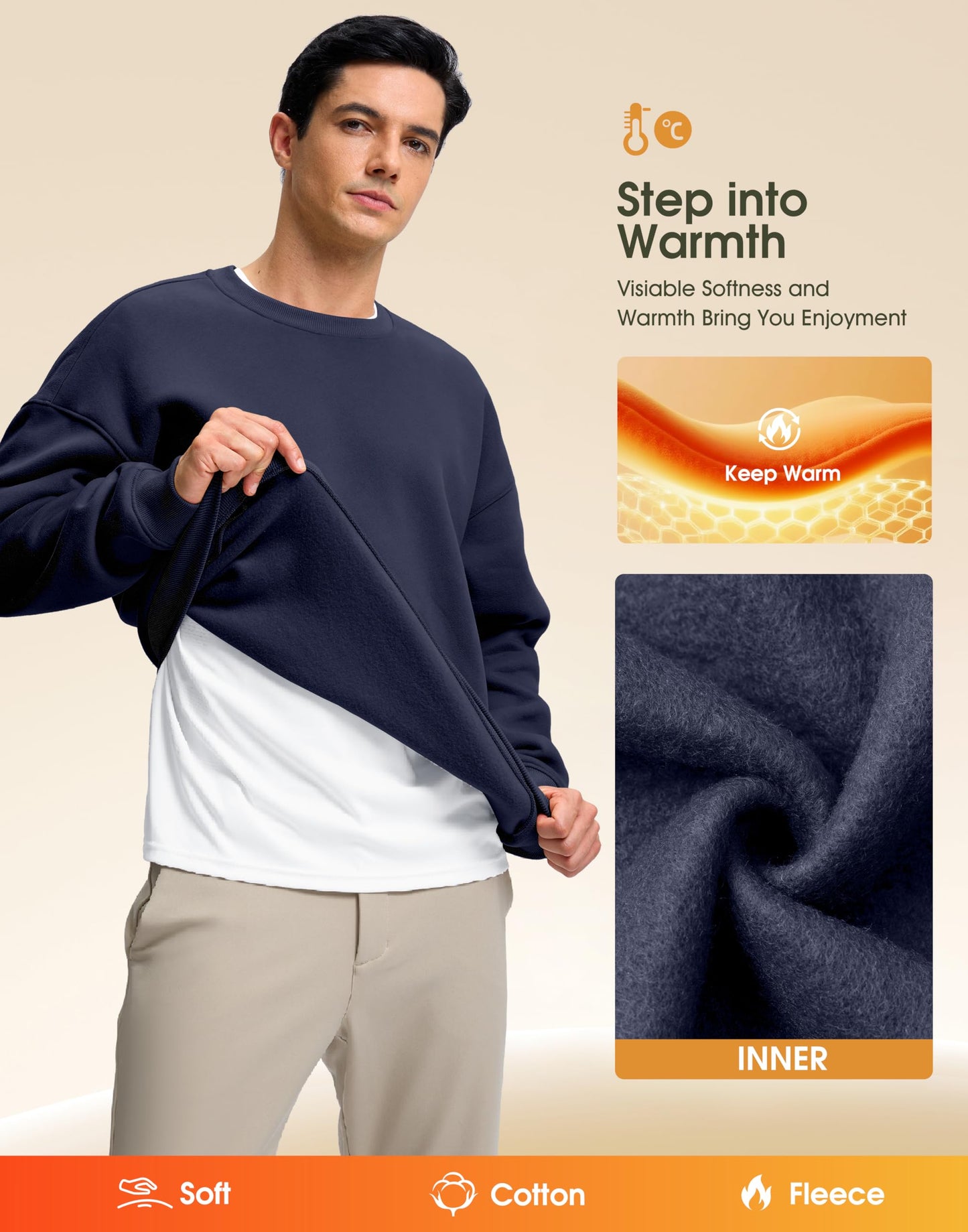 Soothfeel Mens Fleece Lined Crewneck Sweatshirt Cotton Pullover Sweater Athletic Workout Casual Oversized Warm Shirts for Men Navy M