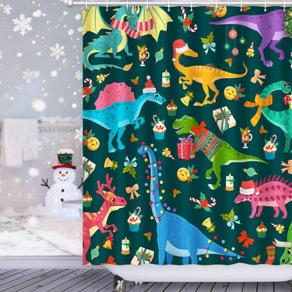 Shower Curtain Christmas, Kids Shower Curtain Santa's Hat Dinosaur Party Gift Box Cake Candy Jingling Bell String Light Xmas Theme Machine Washable Home Farmhouse Waterproof Decor Bathroom Curtain