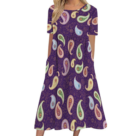 Medlor Womens Midi Dresses Casual Short Sleeves Scoop Neck Floral Print Flowy Beach Vacation Trendy Dress with Pocket for 2025 Summer