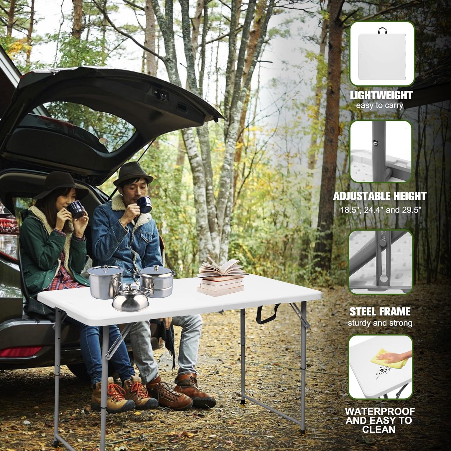 Byliable Folding Table 4 Foot Portable Heavy Duty Plastic Fold-in-Half Utility Table Small Indoor Outdoor Adjustable Height Folding with Carrying Handle, Camping and Party,White