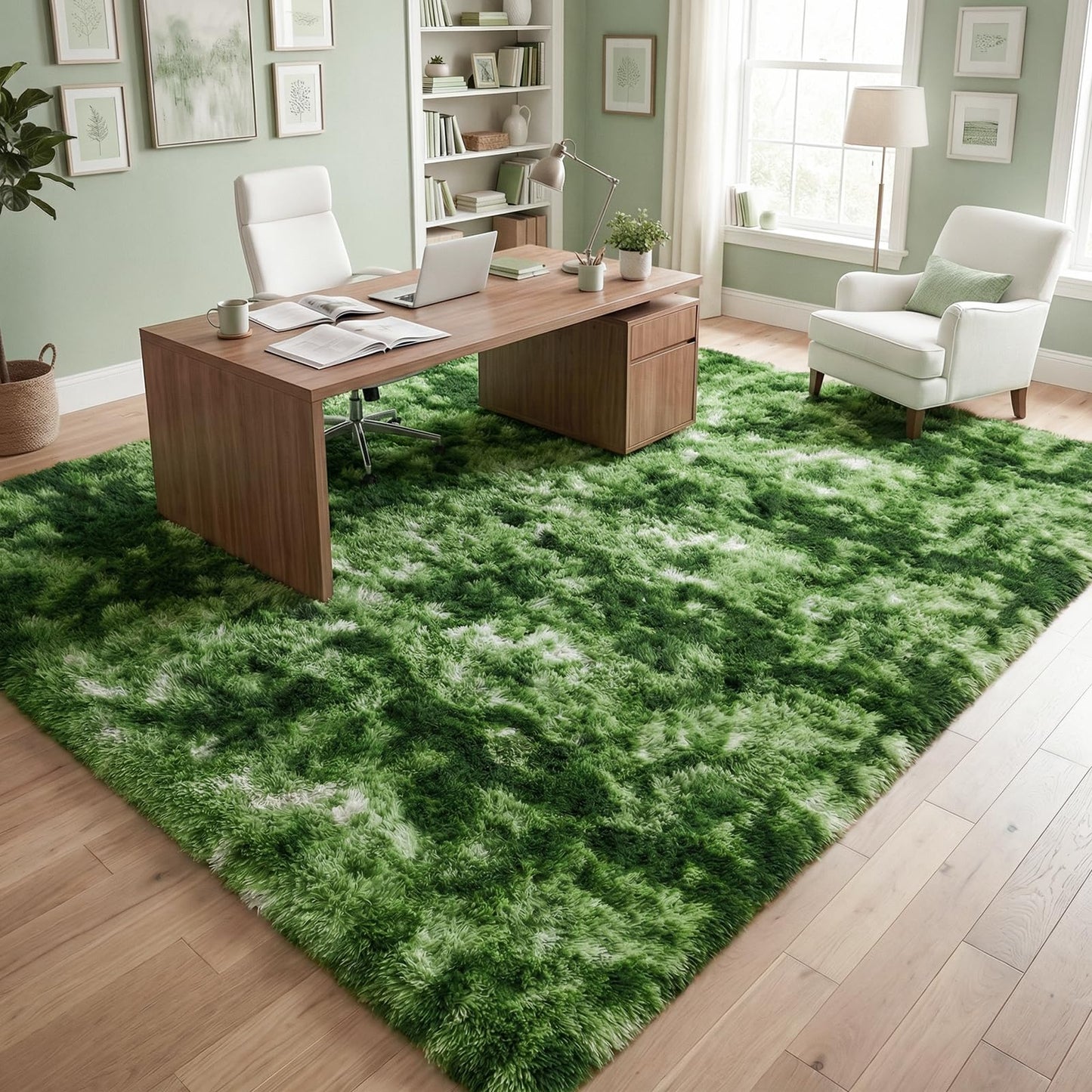 DweIke Fluffy Dark Green Rugs for Bedroom Living Room, 3x5 Feet Soft Plush Shaggy Tie-Dyed Forest Moss Green Girls Boys Kids Rug, Non-Slip and Machine Washable Carpet for Dorm Nursery Decor