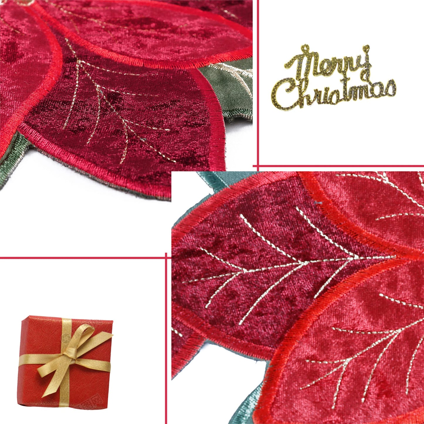 OWENIE Christmas Red Table Runner, Embrodered Velvet Fabric Poinsettia Table Runners for Holiday Table Decor, Small Short Table Runner 36 Inches Long, Red, 13 x 36 Inches