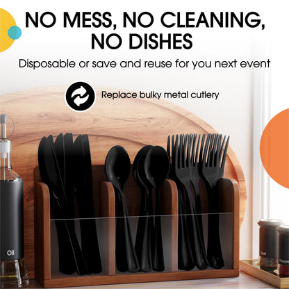 Party Solids Black Plastic Silverware Heavy Duty 150 Pieces Black Plastic Cutlery Sets, Utensil Sets, 50 Of Each Forks, Knives & Spoons Disposable Cutlery Set, Flatware Set For Party Supplies
