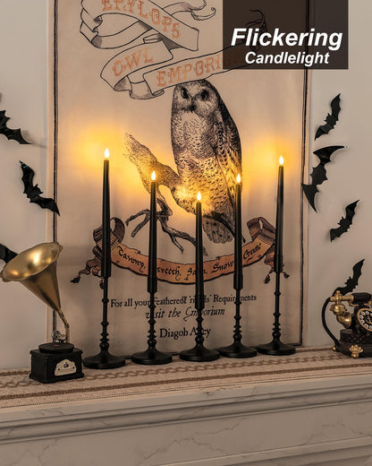 Homemory 12 Pcs Black Flameless Taper Candles Flickering, NO Remote, 11 Inches Taper Candles Battery Operated, Realistic Electric LED Candlesticks Made of Plastic for Halloween Party Home Decor