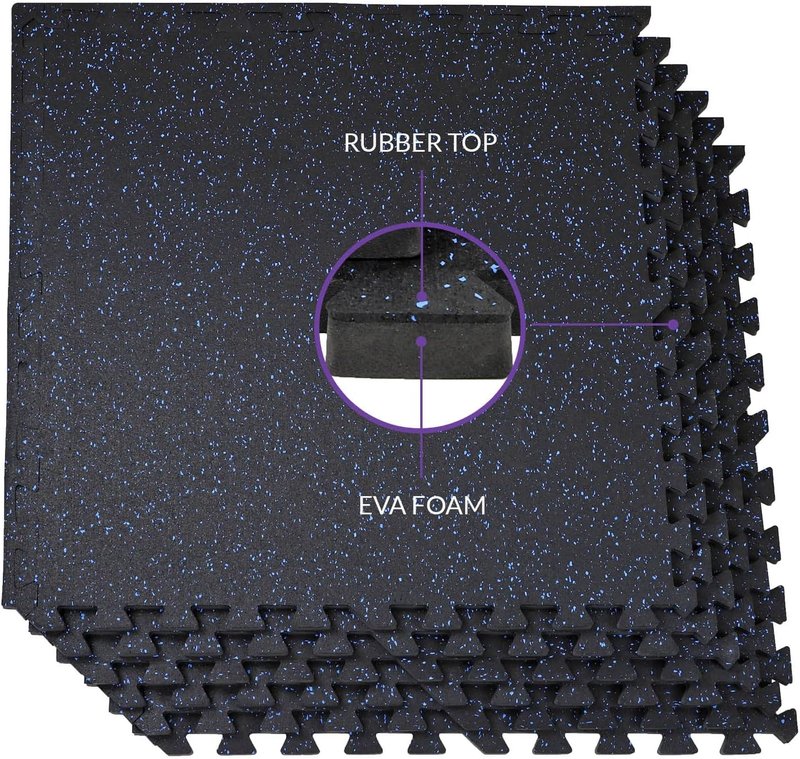Xspec Interlocking Rubber EVA Foam Exercise Mat - Durable Gym Flooring Tiles | 48 sq ft (12 Tiles) | Black/Blue