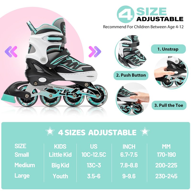 2PM SPORTS Cytia Pink Girls Adjustable Illuminating Inline Skates with Light up Wheels, Fun Flashing Beginner Roller Skates for Kids (Mint, Medium - Big Kid (13C-3 US))