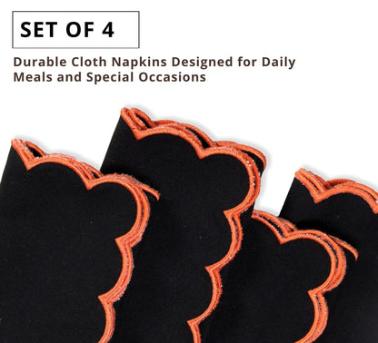 PurpleEssences Scalloped Embroidery Cloth Napkins Table Decor Fall Thanksgiving Halloween 100% Cotton Set of 4-18 x 18 inch - Black - Edges - Orange