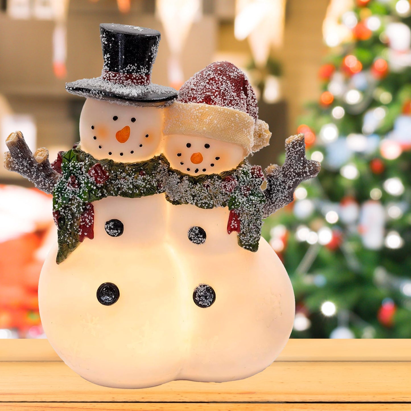 VP Home Christmas Snowman Couple Decor - LED Lighted Figurines, Indoor Glowing Holiday Decorations, Festive Fiber Optic Resin Snowman Light Up