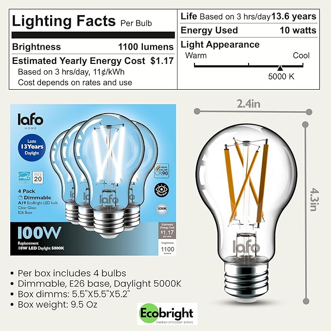 EcoBright 12PK Dimmable A19 LED Filament Bulb, 10W (100W Equivalent), E26 Base, 1100 Lumens, CRI90+, Flicker-Free Clear Glass, Energy Star Title 20, Daylight 5000K