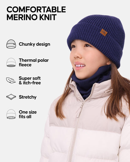 DANISH ENDURANCE Merino Wool Beanie Hat Kids, Warm Fleece Lining, Thermal Autumn Winter Hats for Boys & Girls, Knit, Unisex, Blue, One Size
