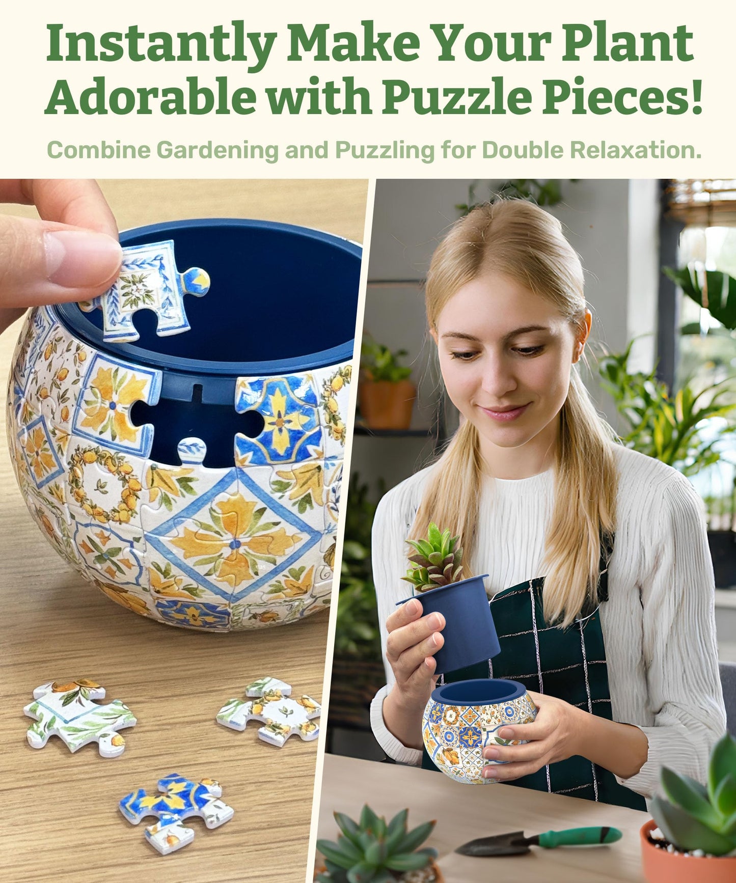 PieceRelax 3D Puzzle Planter - Retro Tiles - Small Round Plant Pots with Drainage, Home Decor Flower Pots for Indoor Cactus, Succulents Pots [K1104]