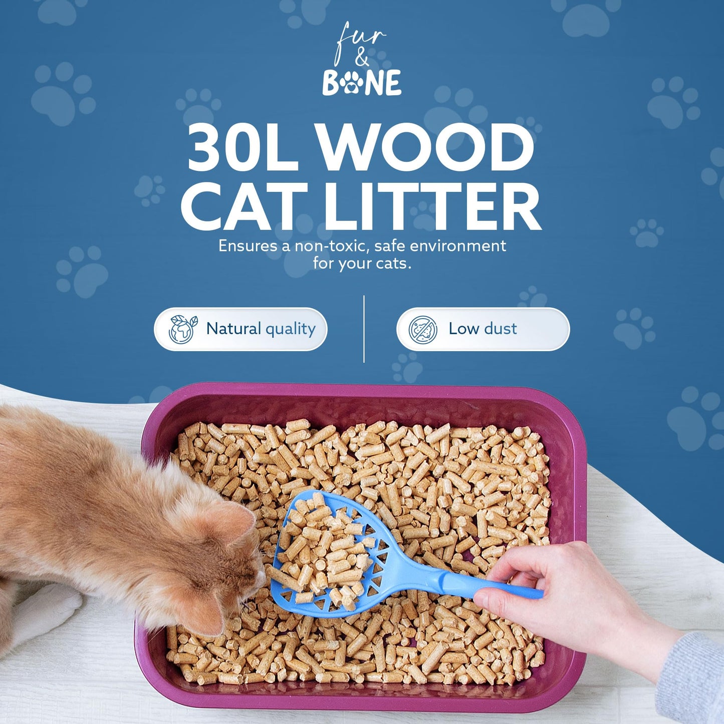 Fur & Bone 1 x 30L Cat Litter - Ultra Absorbent Biodegradable Wooden Pellets, Natural Scent, Odour Control, Soft Bedding for Comfort, Made from Virgin Wood - Scandinavian Timber Aroma