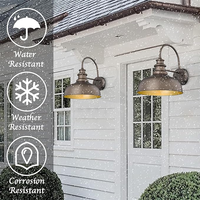 Bestshared Gooseneck Barn Light 14 Inch Dome Farmhouse Wall Mount Light Fixture, Exterior Lighting Fixture,Wall Porch Light for Front Door, Entryway, Patio (ORB+Gold, 14” Dome-1Pack)