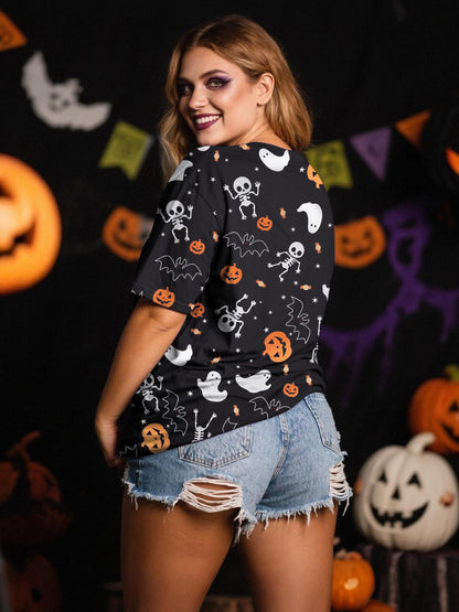Anbech Women Plus Size Halloween Tops Pumpkin Grapchic Thanksgiving T-Shirt (Full Black, 4XL)