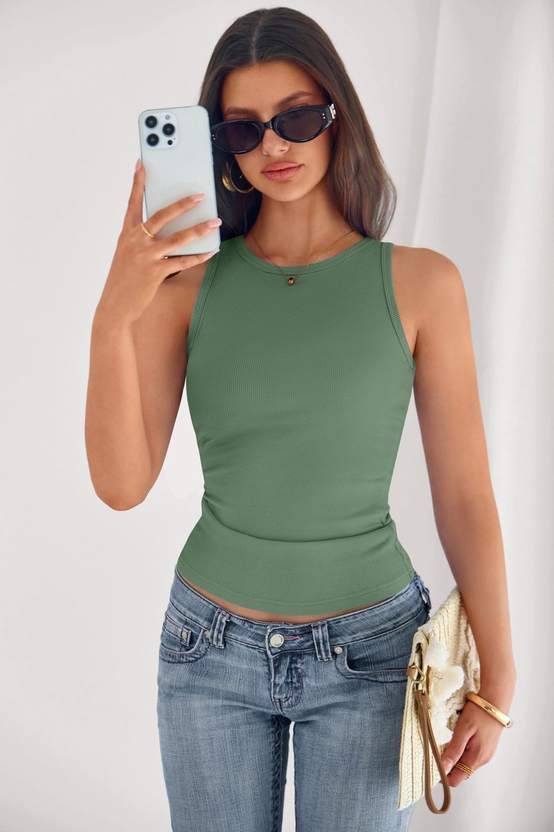 PRETTYGARDEN Womens Summer High Neck Ribbed Tank Tops Casual Basic Sleeveless Slim Fitted Racerback Workout T Shirts (Grey Green,Medium)