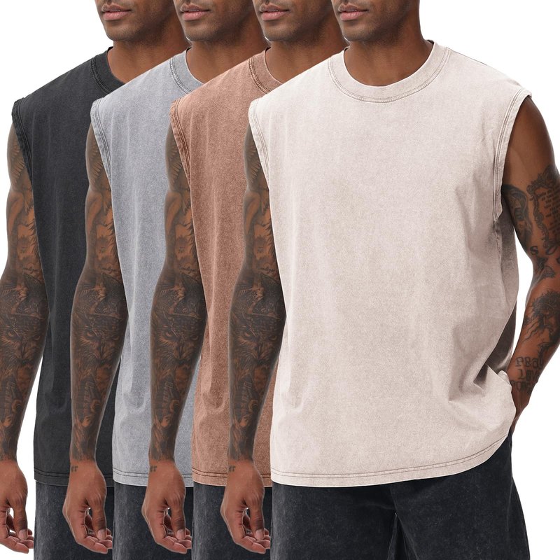 SnowElve 4 Pack Mens Workout Tank Tops Sleeveless Tee Shirts Men Muscle Shirt Gym Acid Wash T Shirts Running Beach Loose Fit Tee(BKGYCFBG,2XL)