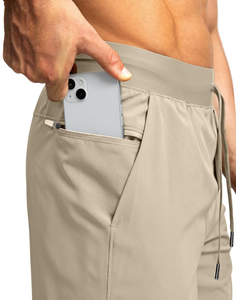 Soothfeel Men's Running Shorts with Zipper Pockets 9"/ 7"/ 5" Lightweight Quick Dry Basketball Gym Workout Athletic Shorts for Men (Khaki, L)