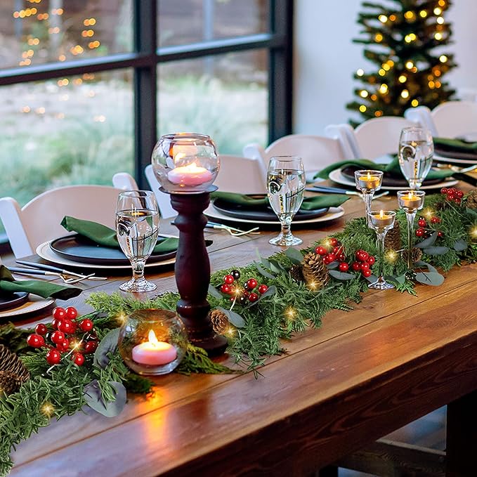 6ft Christmas Garland with Lights Artificial Cedar Cypress Garland with Pine Cones Garland for Home Fireplace Wall Indoor Outdoor Holiday Party Decoration