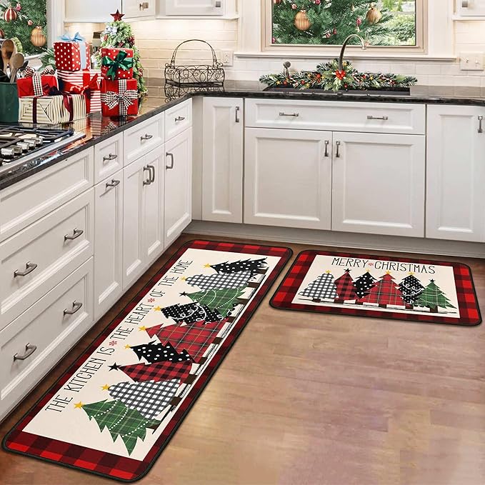 Buffalo Plaid Xmas Trees Merry Christmas Red Kitchen Rugs Set of 2, Non Skid Washable Soft Comfort Kitchen Rugs Set (17"x47"+17"x30",Merry Christmas)